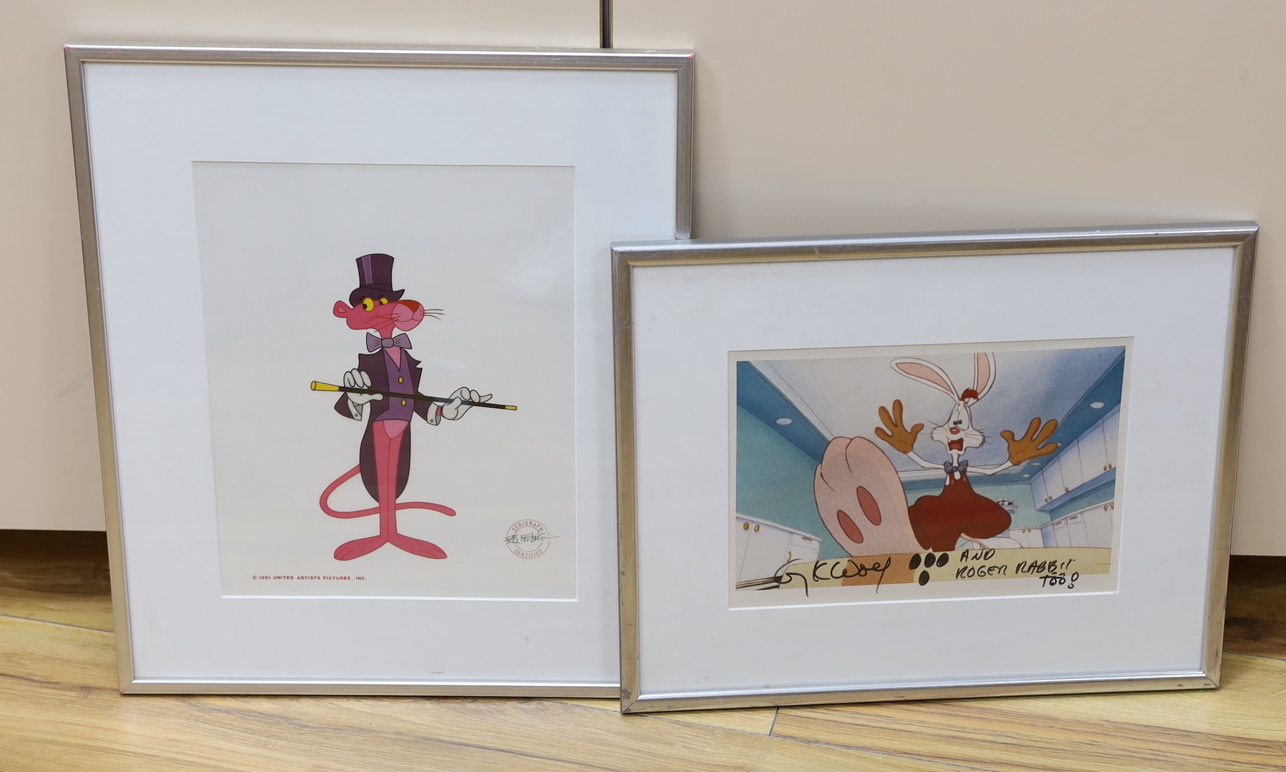 Two American film celluloids, comprising The Pink Panther signed by Friz Freleng and Roger Rabbit, signed by Gary Kay Wolf, details verso, largest 29 x 23cm